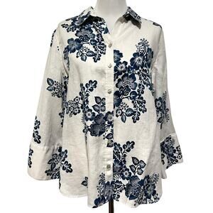Chicos Linen Top Floral Print Button Up Size L (2) Blue Off-White 3/4 Sleeve